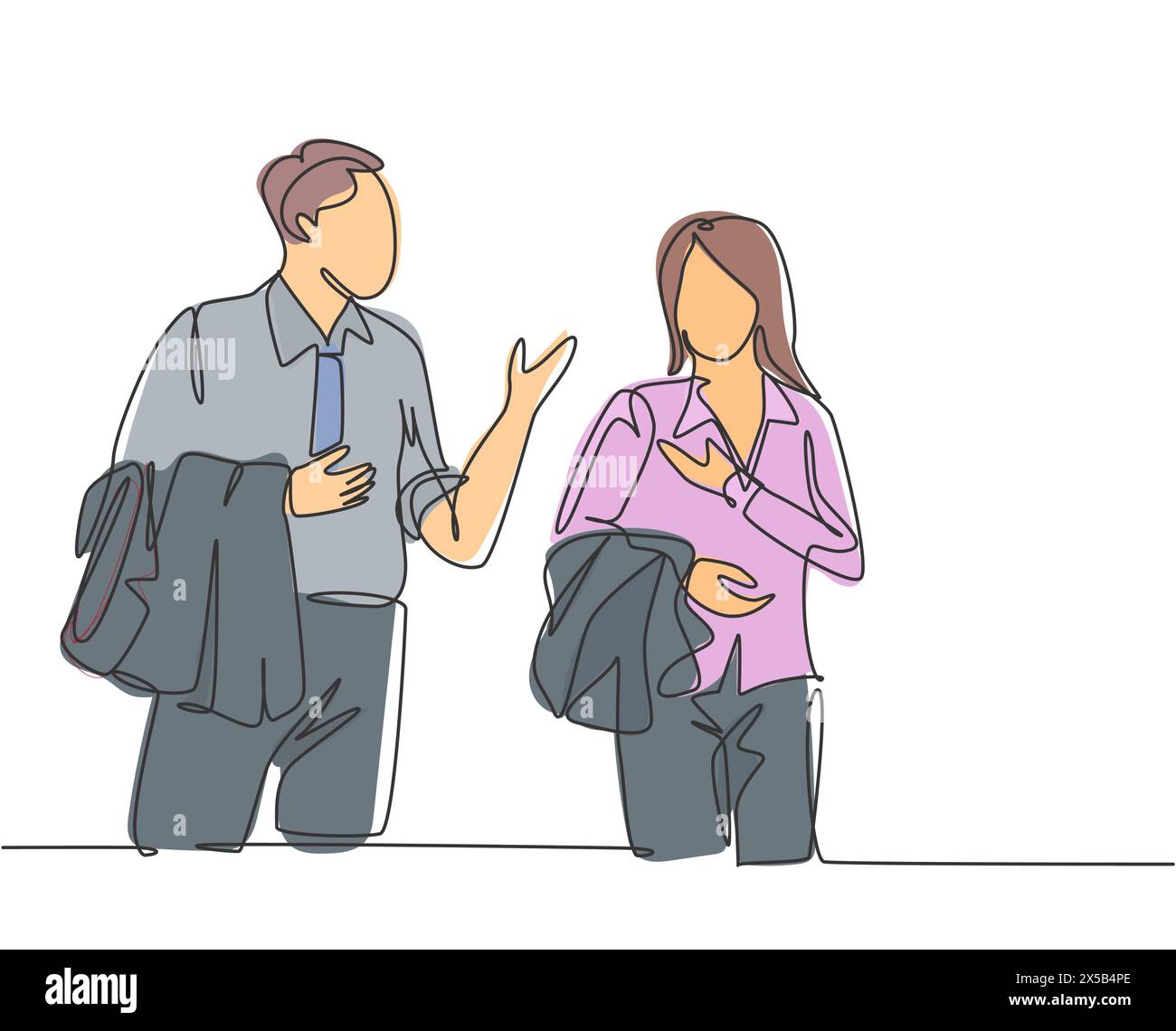 Un seul dessin continu de deux jeunes hommes et femmes heureux travailleurs obtiennent la conversation ensemble après l'heure de bureau. Travaillez en toute petite conversation. Concept tendance Illustration de Vecteur