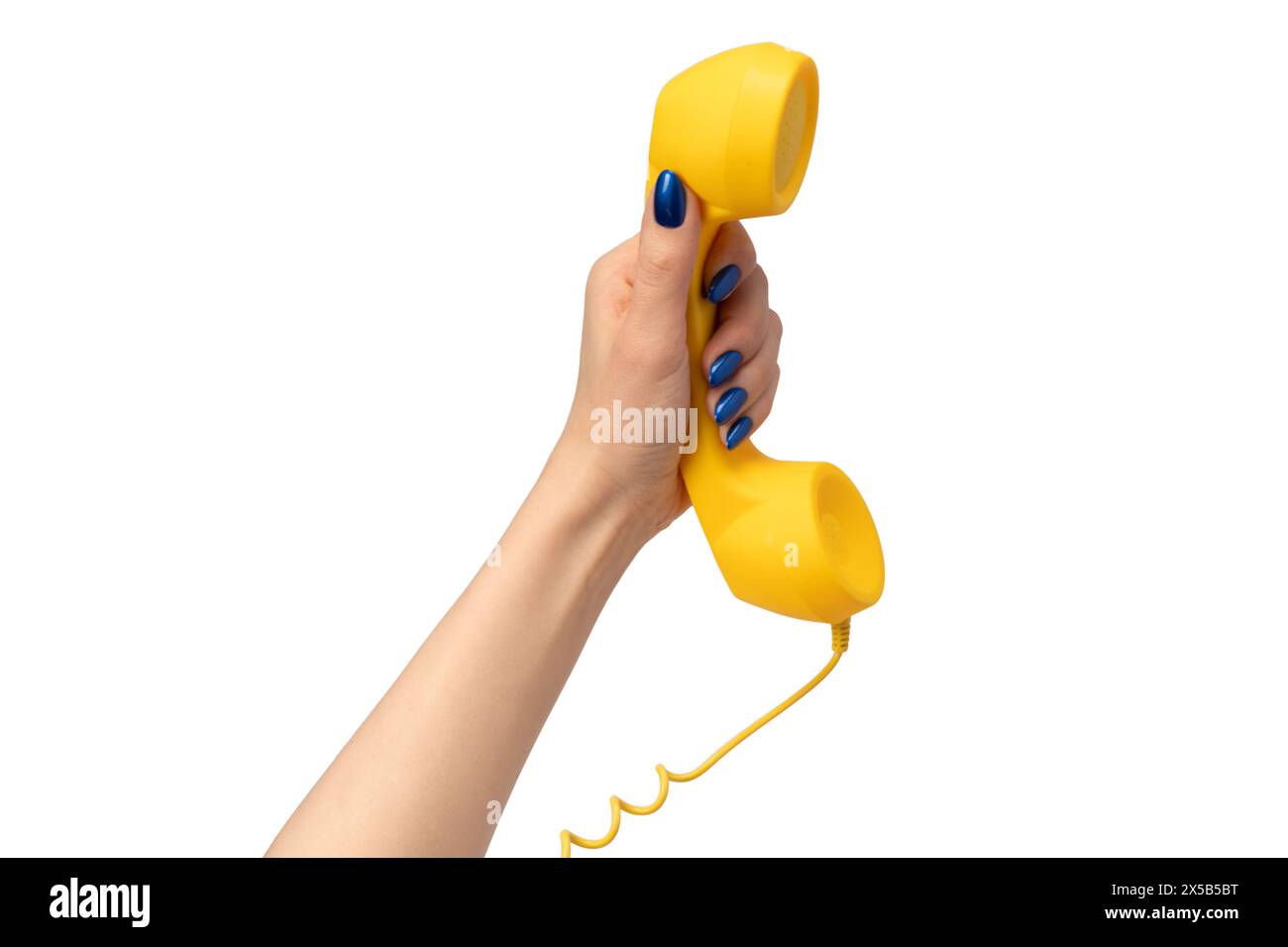 Combiné jaune en femme isolé à la main sur blanc. Copier l'espace. Banque D'Images
