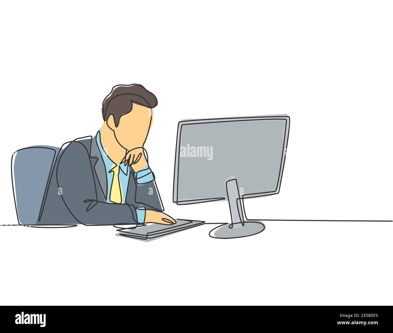Dessin en ligne continue unique de jeune Manager masculin assis sur sa chaise et pensant sérieusement regarder l'écran d'ordinateur. Analyse commerciale conceps Illustration de Vecteur