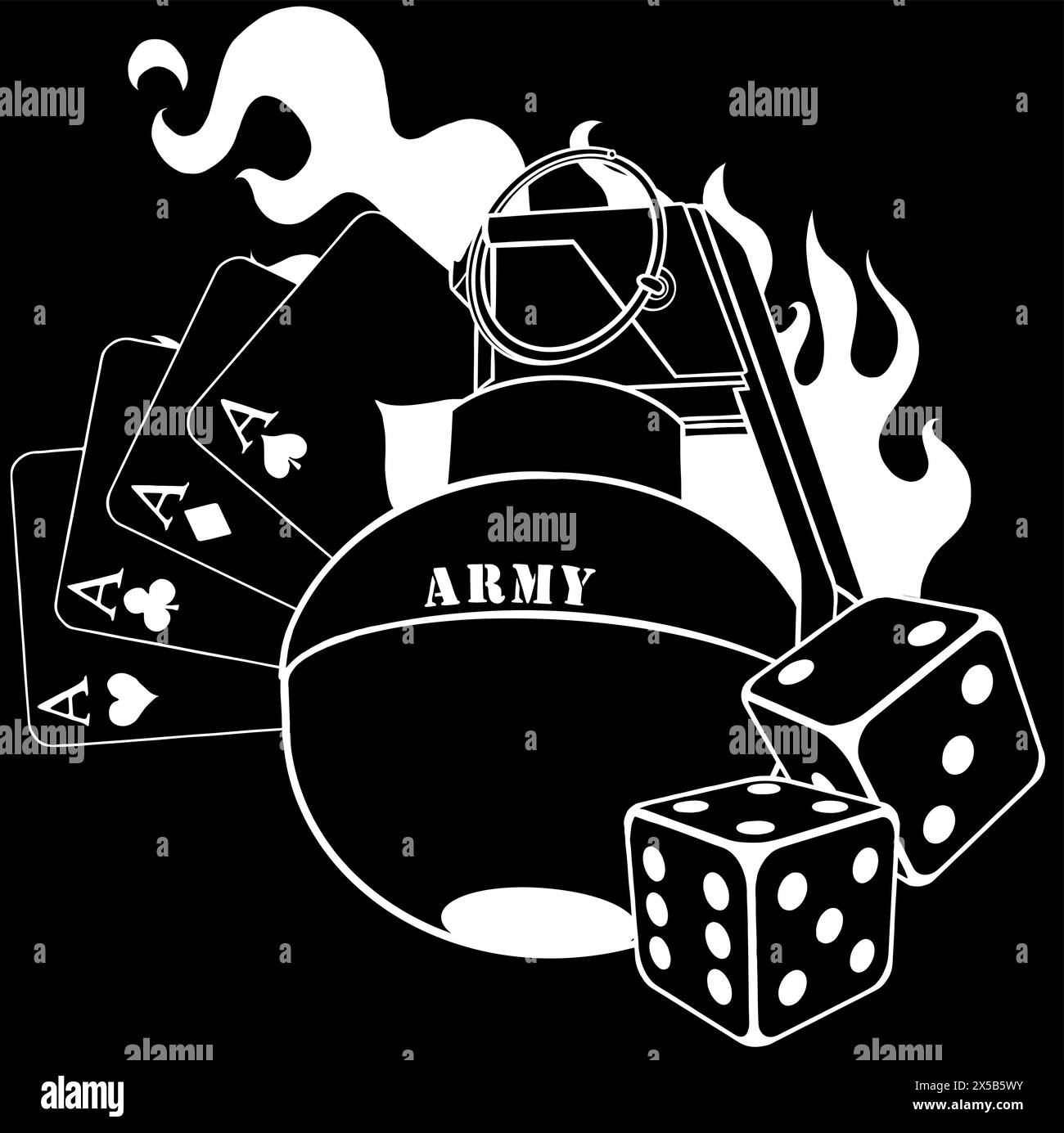 silhouette blanche de granate avec jeu de casino et flammes sur fond noir Illustration de Vecteur