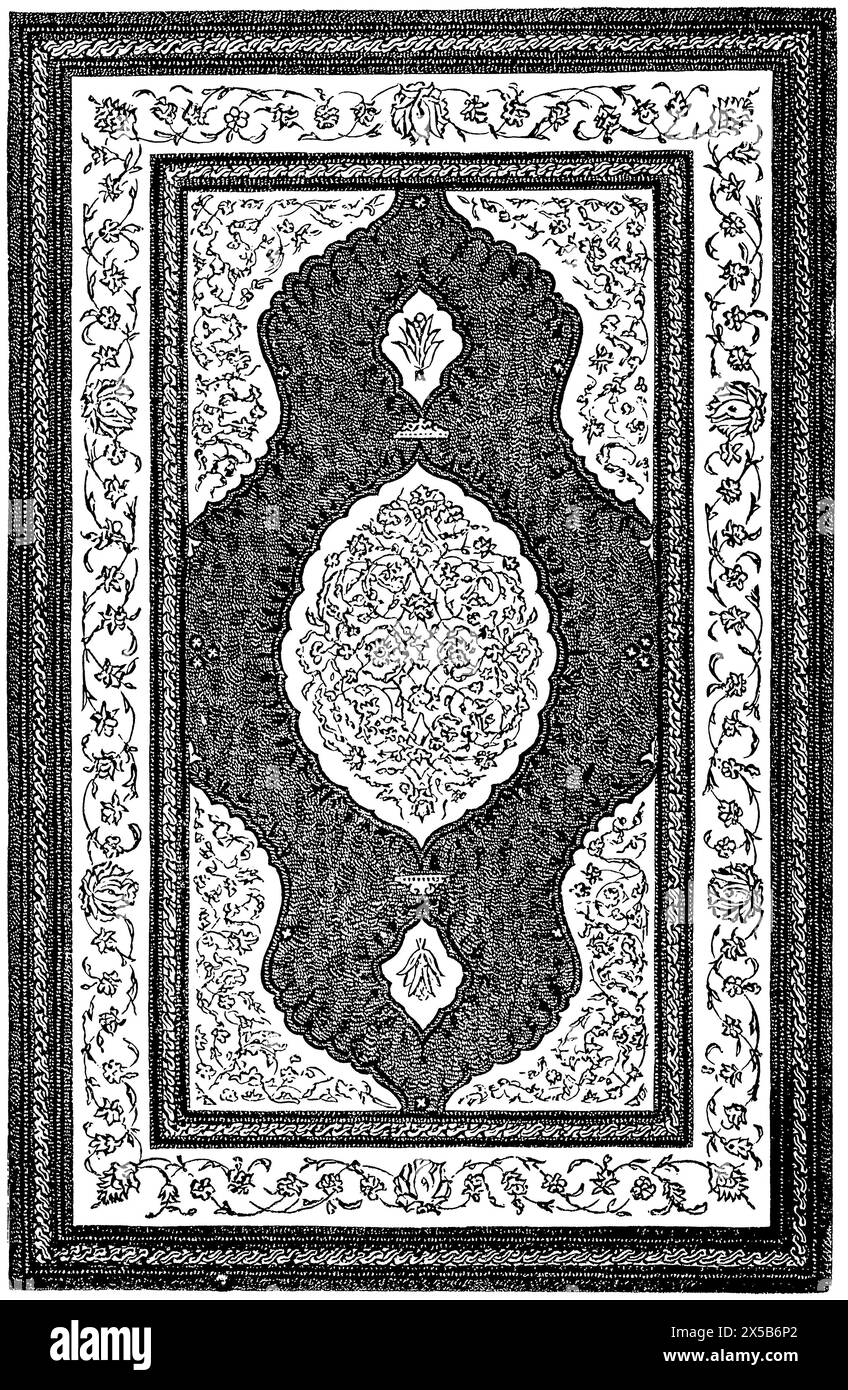 Couvertures du Coran persan (XVIIe siècle). Bracelet en cuir avec décoration dorée. Publication du livre 'Meyers Konversations-Lexikon', volume 7, Leipzig Banque D'Images