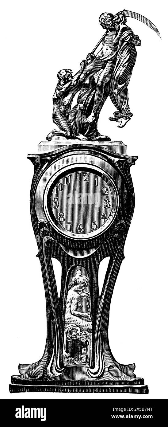 Art en bronze antique Horloge à manteau Empire français par A. Charpentier et Toni Sellmescheim. Publication du livre 'Meyers Konversations-Lexikon' Banque D'Images