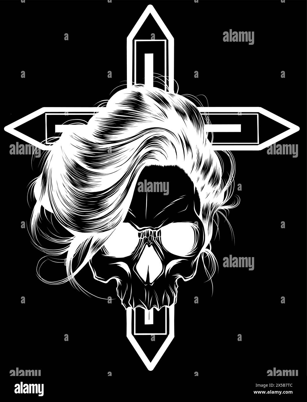 Silhouette blanche de Croix décorée avec crâne sur fond noir Illustration de Vecteur