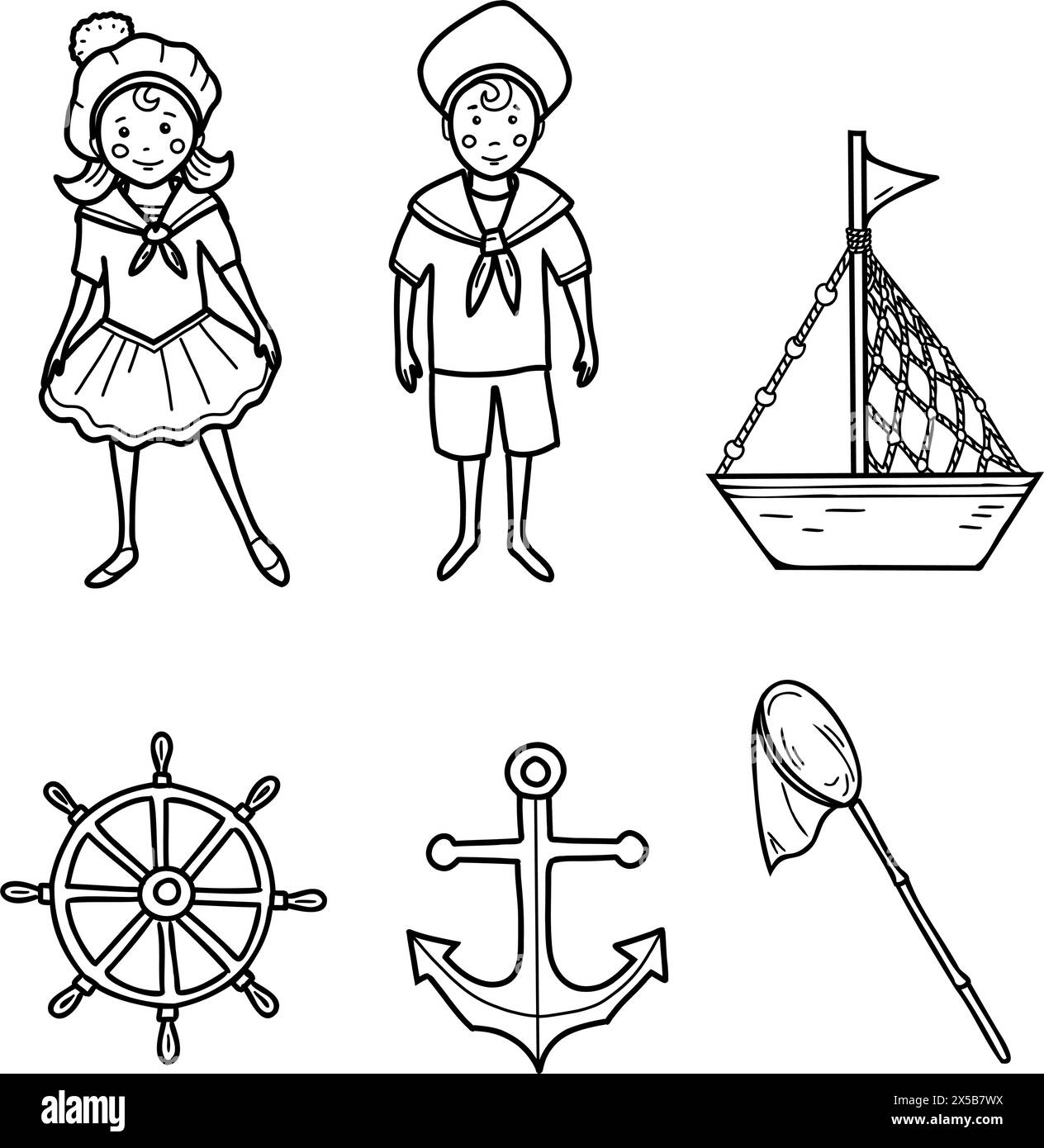 Ensemble marin de Little Sailor garçon et fille, bateau mignon, bateau et volant. Ancre et filet de pêche illustration isolée dans le style Doodle. Nautique Illustration de Vecteur