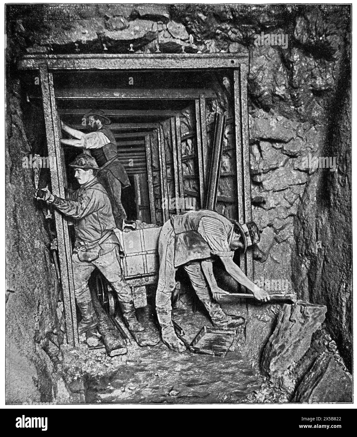 Expansion en fer d'une ligne de transport. Travail de remplissage de trajectoire. Freiberg, Allemagne. Publication du livre 'Meyers Konversations-Lexikon', volume 7 Banque D'Images