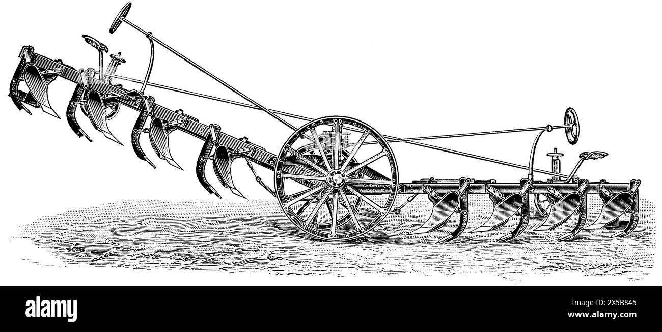 Anti-balancier - charrue basculante avec actions souterraines par August Ventzki, un ingénieur allemand. Publication du livre 'Meyers Konversations-Lexikon' Banque D'Images