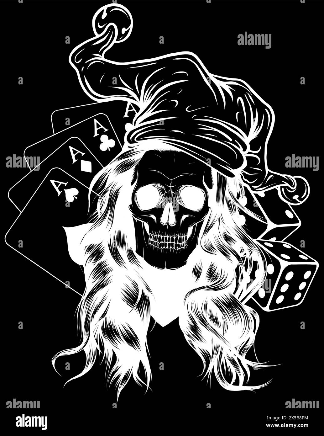 Silhouette blanche du crâne de femme dans l'illustration vectorielle de chapeau de jester sur fond noir Illustration de Vecteur