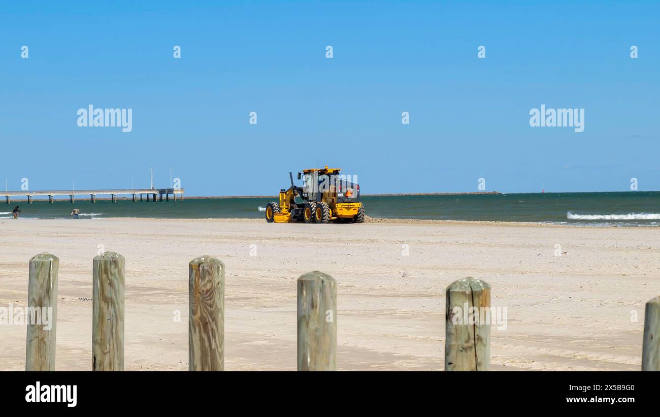 Poteaux d'empilement de bois près de la plage avec niveleur de route jaune nivelant le sable sur la plage du golfe du Mexique au Texas, approchant deux détectives avec Thei Banque D'Images