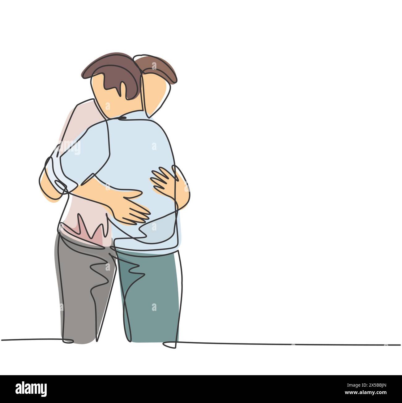 Un dessin d'une seule ligne de deux jeunes gestionnaires heureux s'embrassant pour féliciter la promotion de l'emploi au bureau. Concept de salutation d'ami Felicitation Illustration de Vecteur