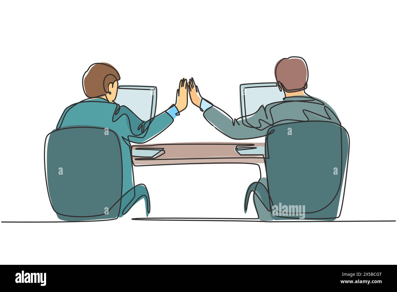 Un dessin au trait continu de deux jeunes hommes d'affaires heureux élevé cinq quand ils savaient que le projet se déroulait sans heurts. Concept de travail d'équipe d'affaires à la mode si Illustration de Vecteur