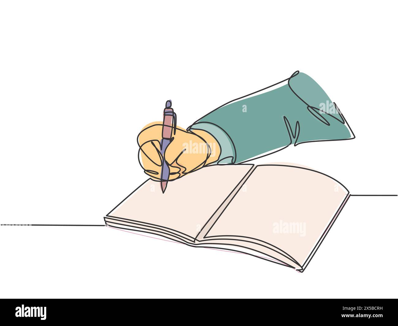 Dessin de ligne continue unique de geste de la main écrivant sur un carnet ouvert pour écrire un brouillon d'affaires. Écrivez le concept de journal professionnel. dra une ligne tendance Illustration de Vecteur