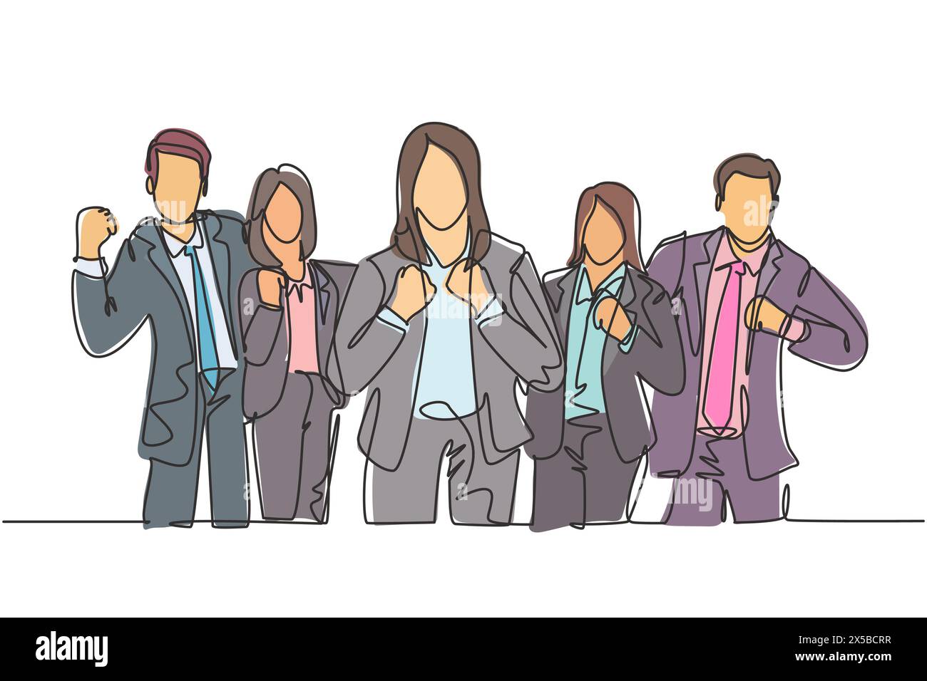 Un groupe de dessins en ligne continue de ligne d'homme d'affaires et de femme d'affaires célèbre leur projet réussi tout en se distant les mains. Travail d'équipe Illustration de Vecteur