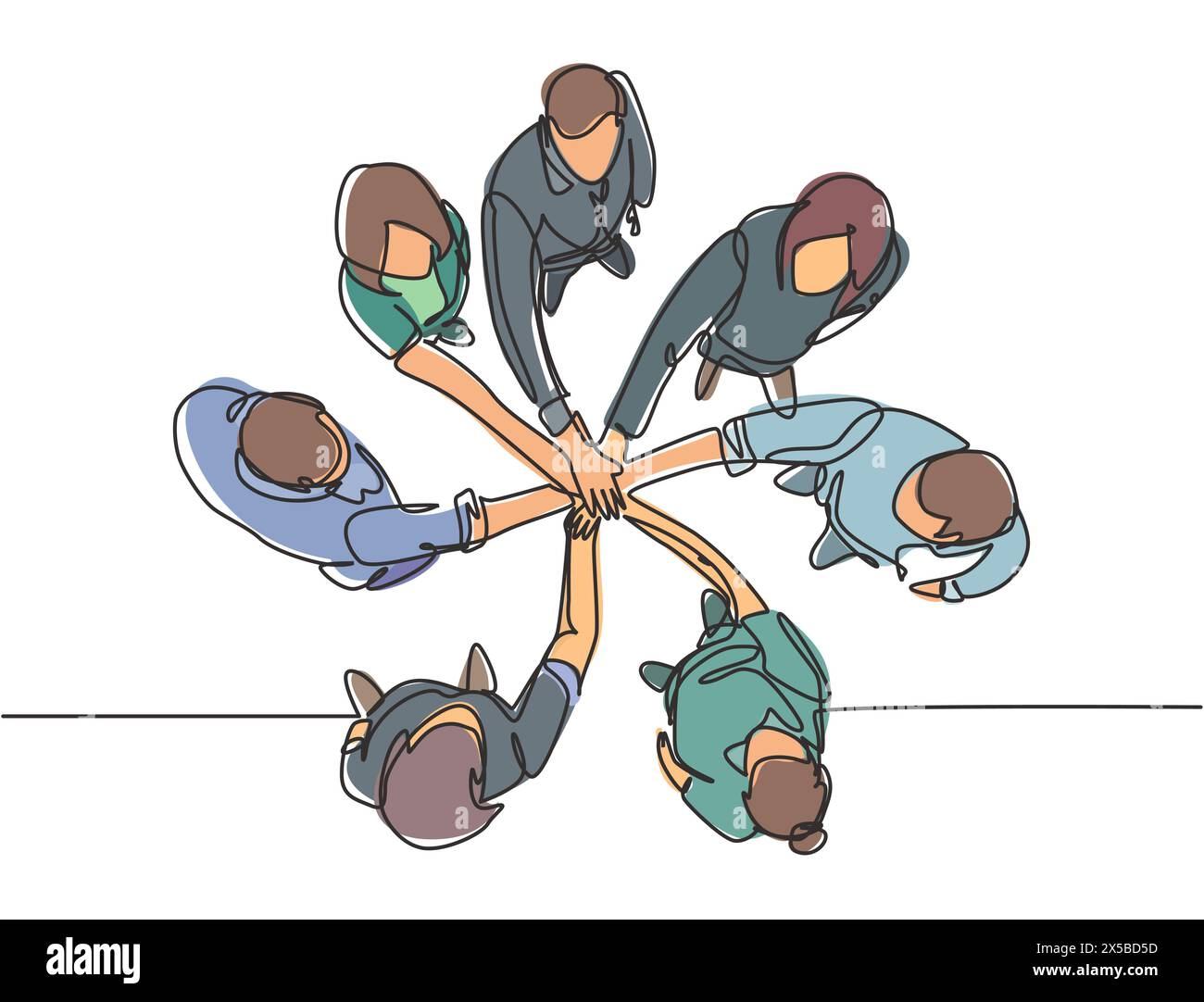 Un groupe de dessin de ligne simple de jeunes gens d'affaires heureux unissent leurs mains ensemble pour former un symbole de forme de cercle, vue de dessus. Travail d'équipe tendance Illustration de Vecteur
