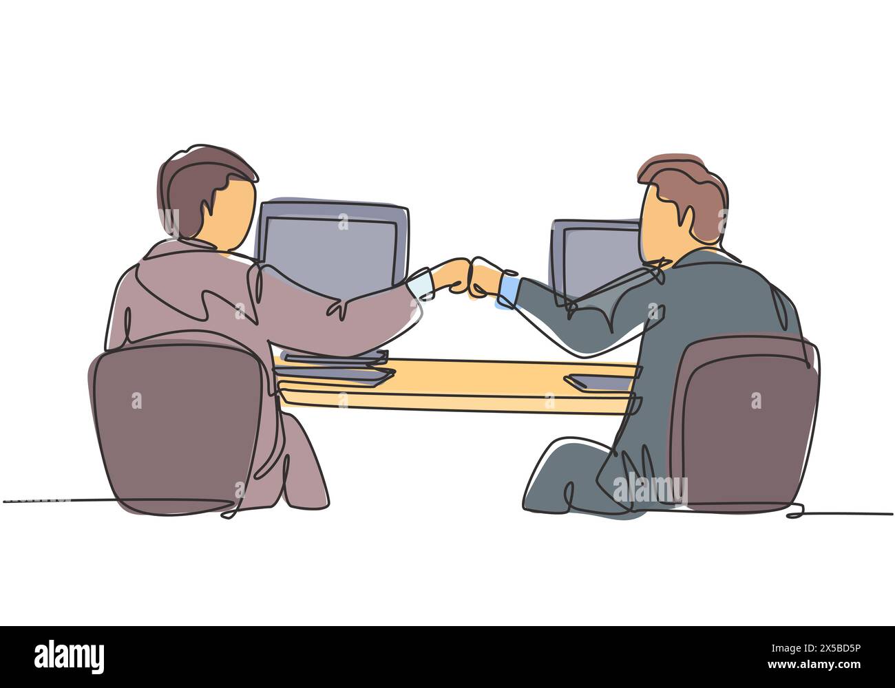 Un dessin continu de deux jeunes travailleurs masculins heureux bosse leur poing pour célébrer leur succès au bureau. Concept de travail d'équipe unique Illustration de Vecteur