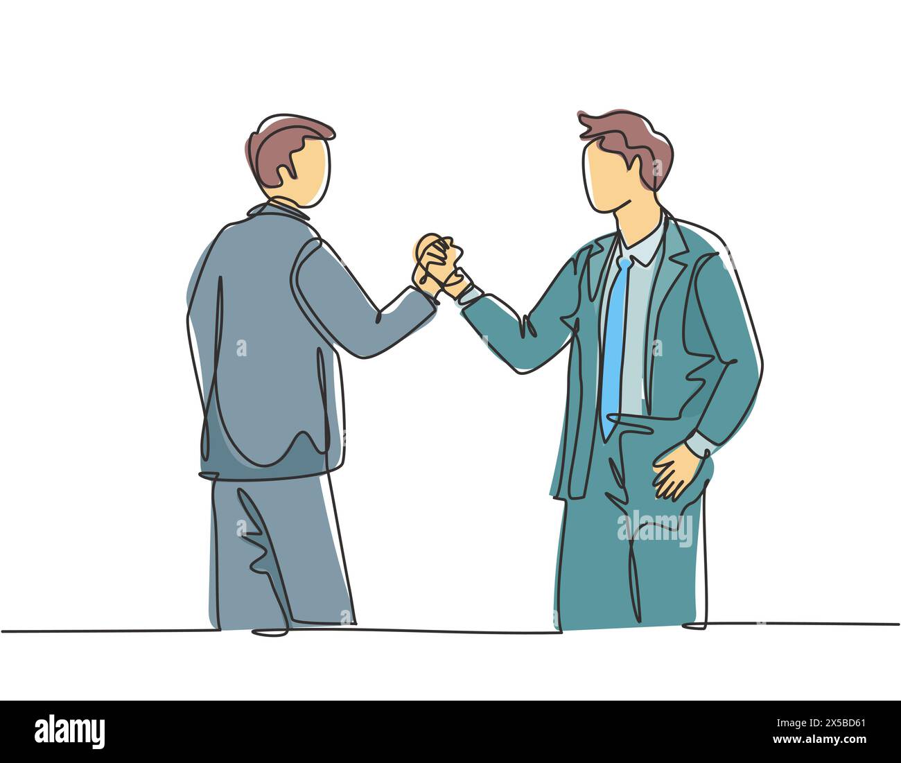 Un dessin en ligne de deux jeunes hommes d'affaires heureux tenant leurs mains ensemble pour marquer le début d'un projet conjoint. Concept de travail d'équipe con Illustration de Vecteur