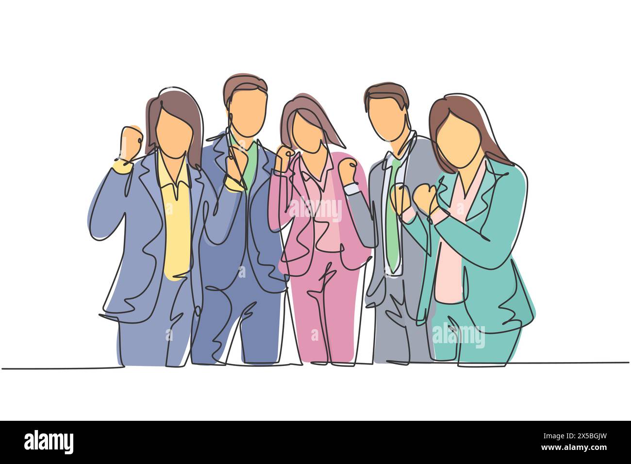 Un groupe de dessins en ligne continue de homme d'affaires et de femme d'affaires se rassemblent parfaitement et se faussent les mains ensemble. Concept de célébration du travail d'équipe d'affaires unique Illustration de Vecteur