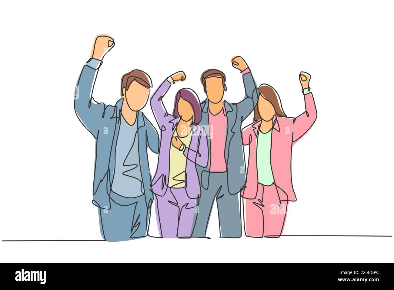 Dessin en ligne continue unique de jeune fondateur de la société heureuse prancing avec joie au bureau d'investisseur ensemble. Concept de célébration du travail d'équipe Illustration de Vecteur