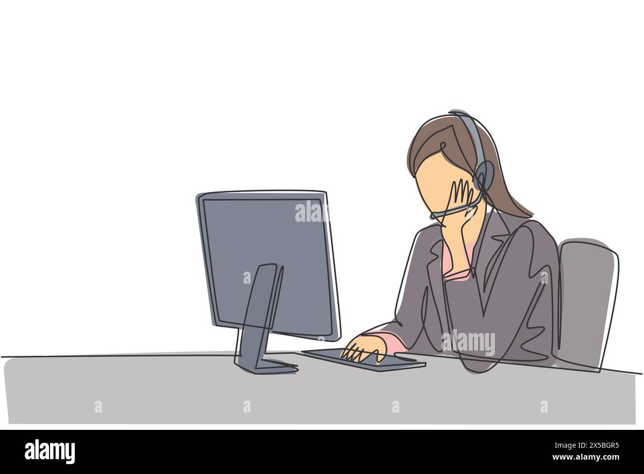 Un dessin en ligne de la jeune femme service à la clientèle écoute pensivement appel du client assis devant l'ordinateur. Concept de centre d'appels c Illustration de Vecteur