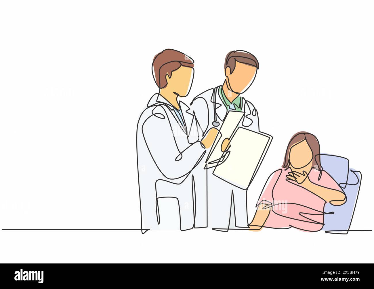 Un dessin en ligne de jeune médecin masculin montrant un rapport positif sur les progrès de santé à la vieille dame qui pose au lit. Concept de traitement médical Illustration de Vecteur