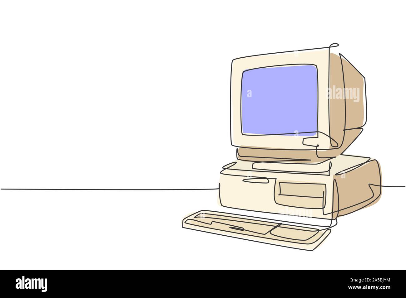 Dessin au trait continu unique d'un processeur classique rétro pour ordinateur personnel. Vintage cpu avec moniteur analogique et clavier concept d'article un Li Illustration de Vecteur