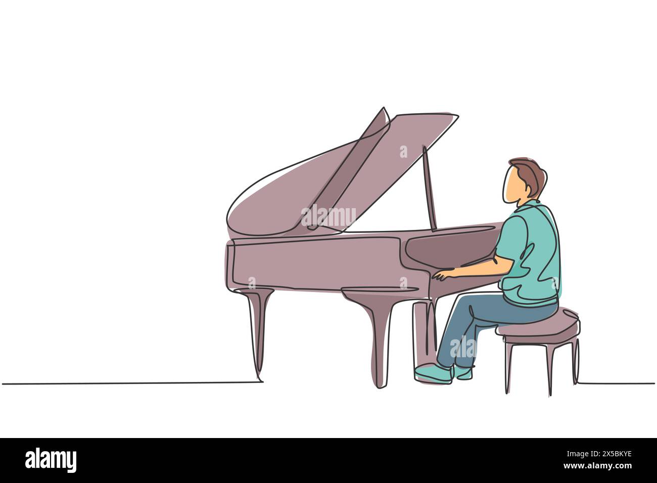 Dessin d'une seule ligne continue d'un jeune pianiste homme heureux jouant du piano à queue classique sur un orchestre de concert. Artiste musicien concept de performance Illustration de Vecteur