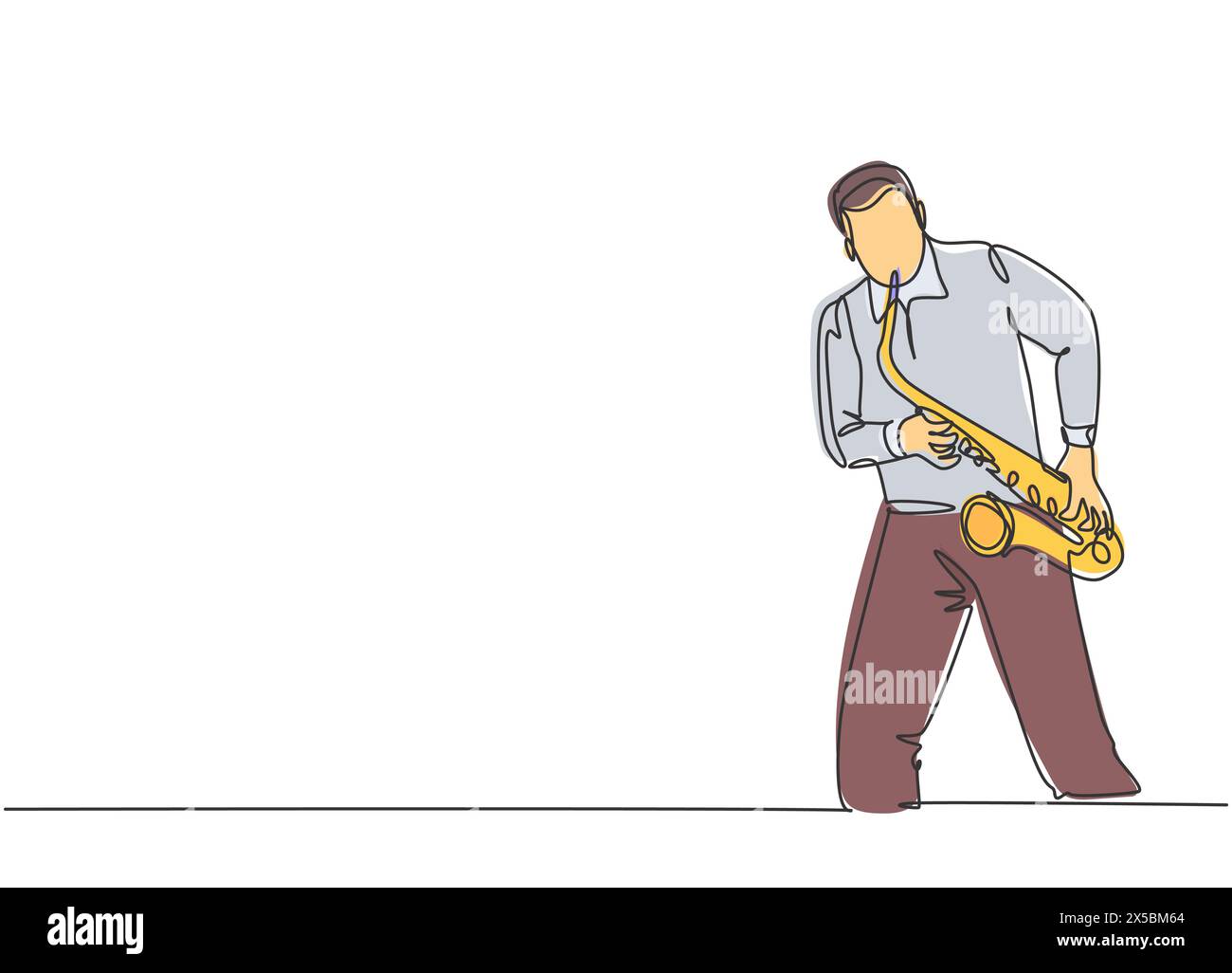 Un dessin en ligne continue d'un jeune saxophoniste masculin heureux jouant du saxophone lors d'un concert de musique. Musicien artiste concept de performance unique Illustration de Vecteur