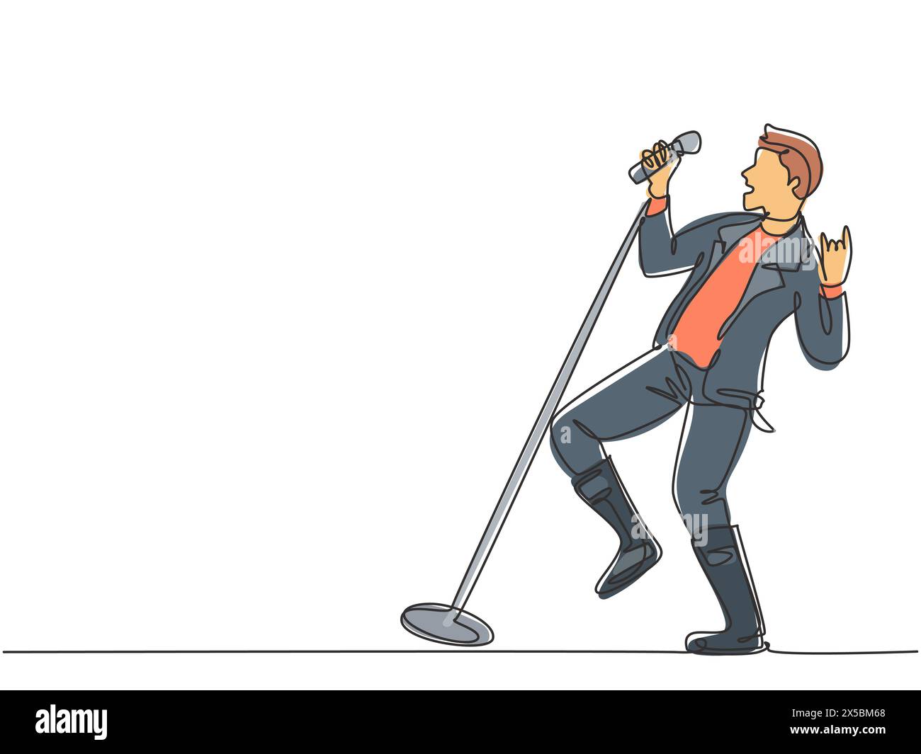 Un dessin d'une seule ligne de jeune chanteur de rocker masculin heureux tenant le microphone et chantant sur la scène de concert. Le concept de performance d'artiste musicien continue Illustration de Vecteur