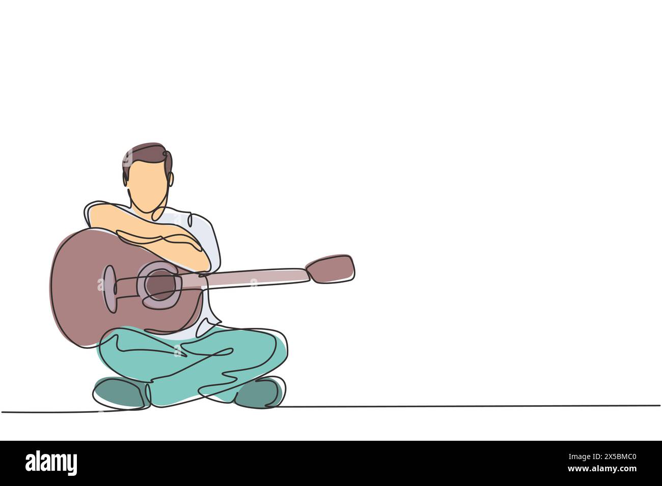 Un dessin en ligne continue de jeune guitariste masculin heureux posant après avoir joué de la guitare acoustique. Concept dynamique de performance artiste musicien simple lin Illustration de Vecteur