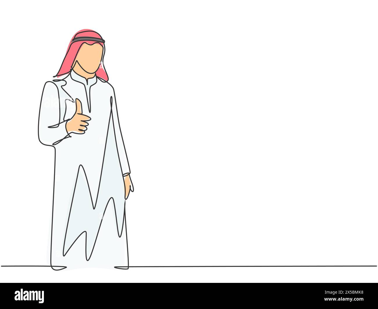 Un dessin au trait continu du jeune directeur de succursale d'une entreprise musulmane donnant des gestes de pouce vers le haut. Vêtements islamiques shemag, kandura, écharpe, keffiyeh. Singl Illustration de Vecteur