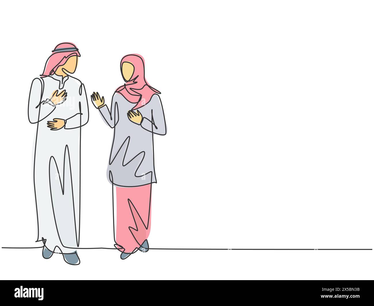 Dessin de ligne continue unique de jeune couple d'affaires musulman discutant de stratégie de vente de produit ensemble. Arabe moyen-Orient tissu shmagh, thawb, robe, Illustration de Vecteur