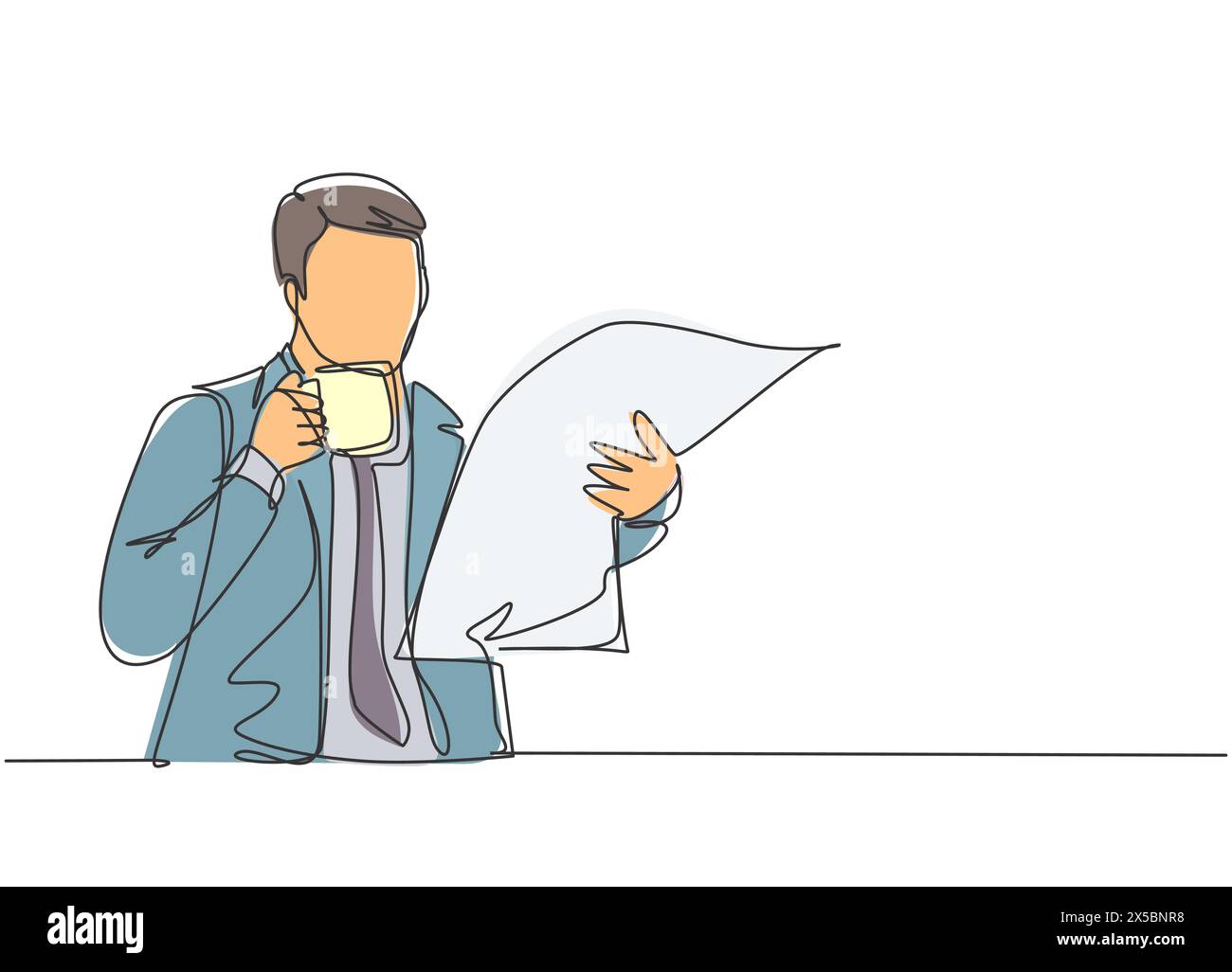 Un dessin continu d'un jeune homme d'affaires heureux tenant une tasse de café tout en lisant les journaux de tabloïd dans le hall de l'hôtel. Thé à boire concept si Illustration de Vecteur