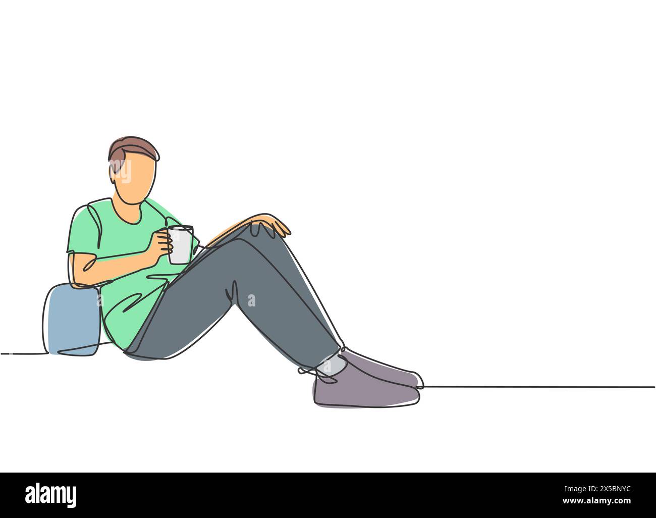 Un dessin continu de jeune homme d'affaires heureux prendre un repos en s'étendant sur le canapé tout en tenant une tasse de café. Concept de boisson ou de thé s Illustration de Vecteur