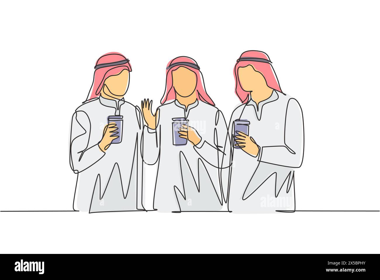 Un seul dessin de ligne de jeunes filles de muslimah marchant avec des amis tenant une tasse de papier de café. La femme arabe moyen-orientale hijab et Illustration de Vecteur