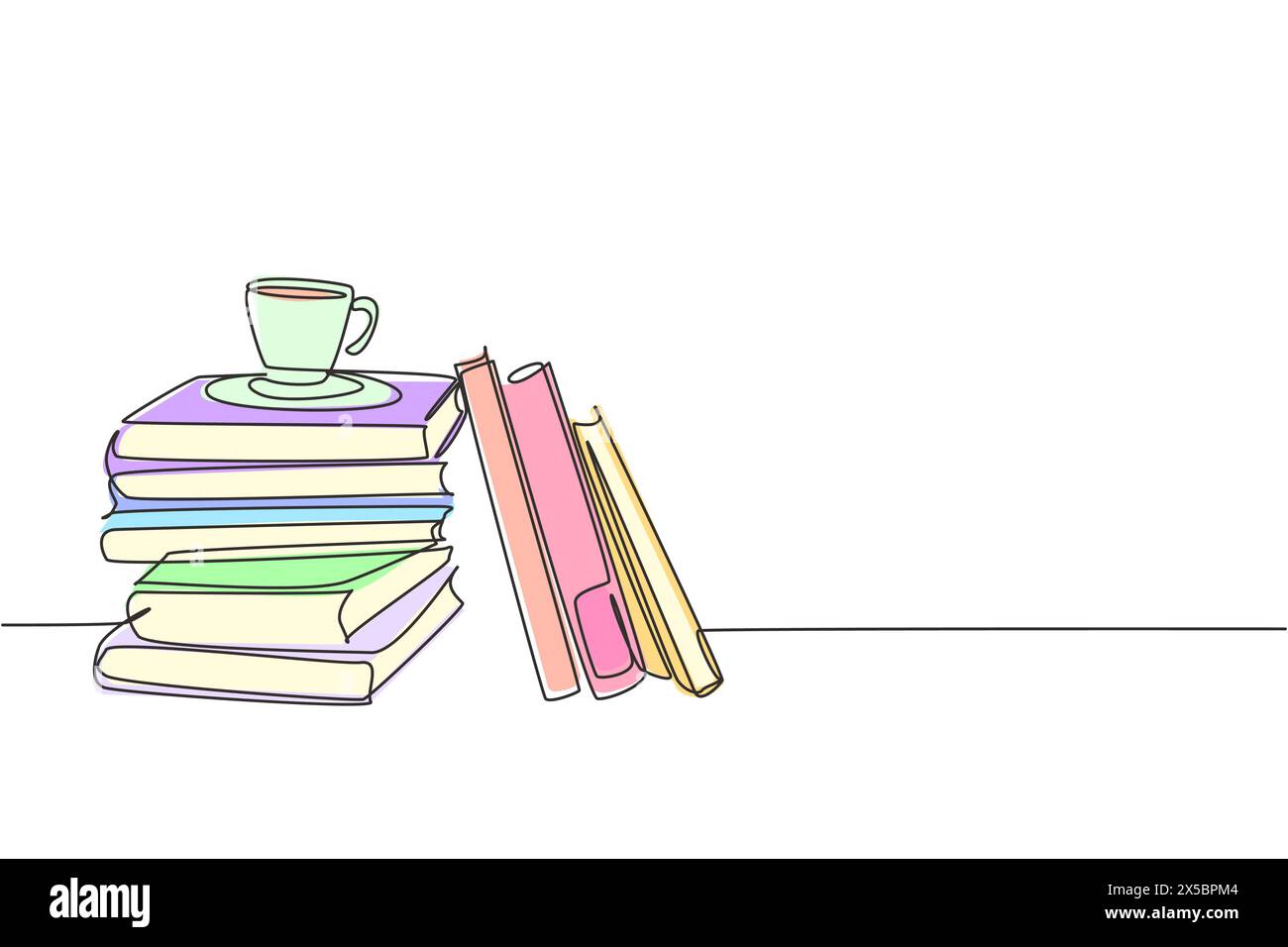 Un dessin continu de pile de livres et une tasse de café sur le bureau. Concept de table d'espace de travail avec pile de livres. Conception de dessin à une ligne il Illustration de Vecteur