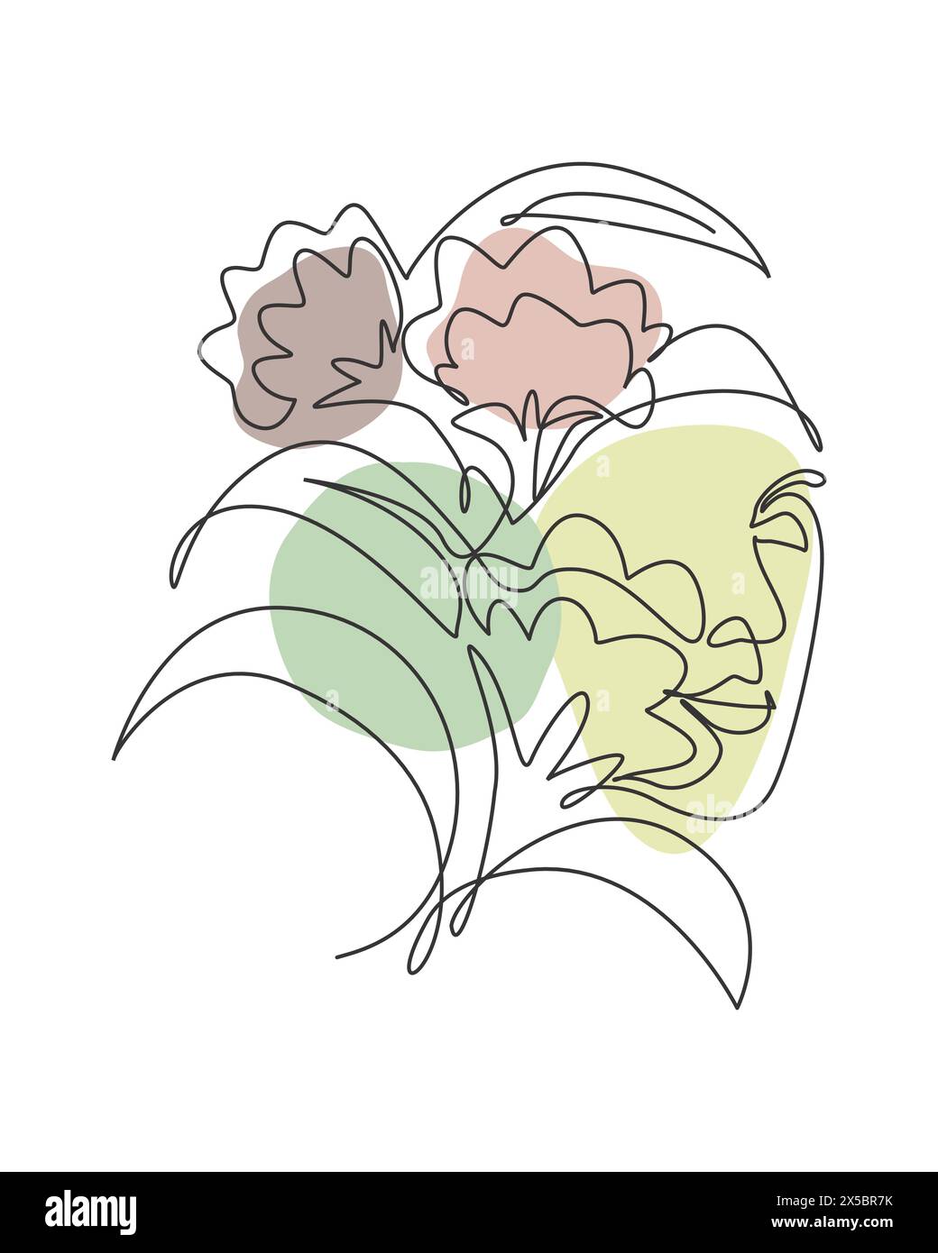 Ligne continue simple dessin nature portrait minimaliste. Concept de tête de bouquet de fleurs. Salon de beauté floral beauté avec imprimé abstrait sur le visage. Tendance 1 l Illustration de Vecteur