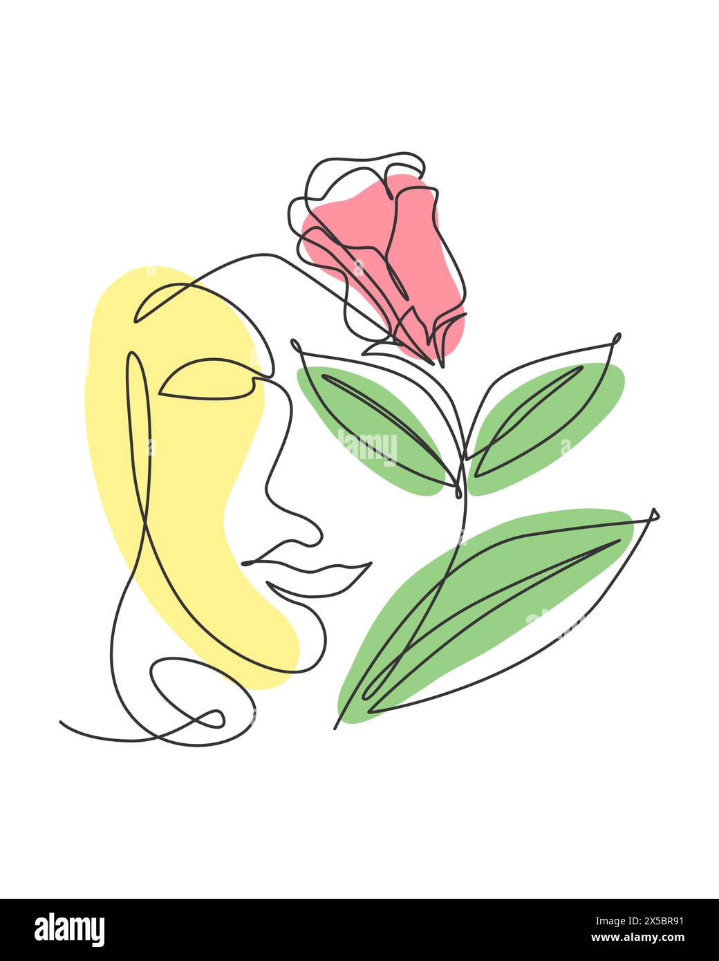 Une ligne continue simple dessin jolie femme visage avec des fleurs. Nature beauté imprimé botanique concept pour décoration murale imprimé. Portrait minimaliste. Tendance Illustration de Vecteur