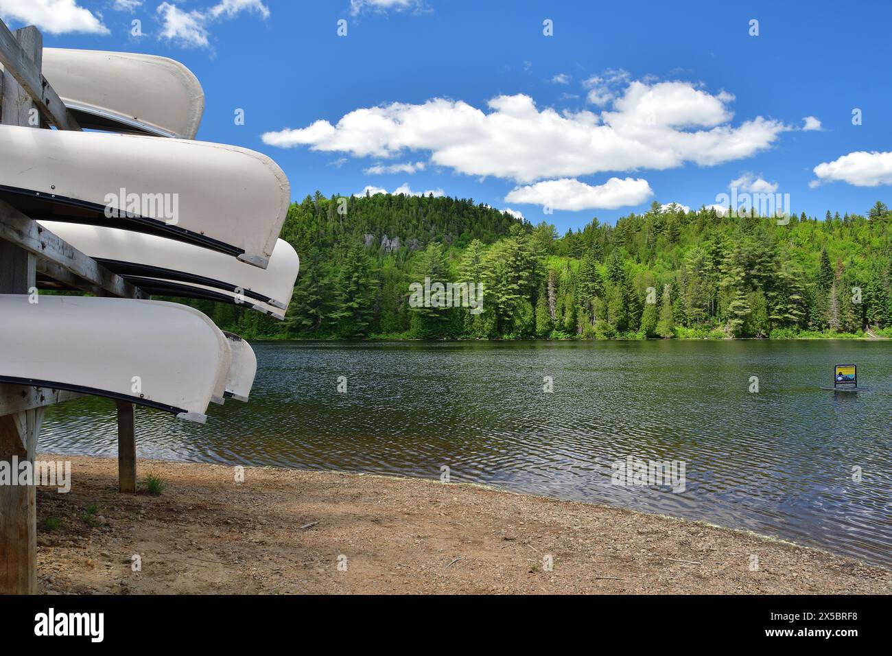 Parc national de la Mauricie Station de location de canoë du lac Wapizagonke par une journée ensoleillée. Canoë sur la rive du lac prêt pour la pagaie Banque D'Images