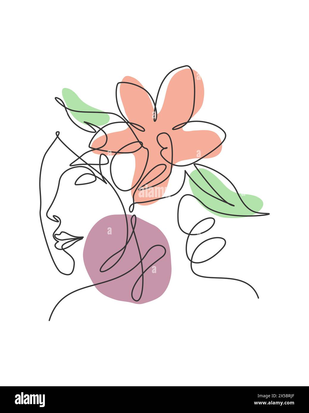 Une ligne continue simple dessin jolie femme visage avec des fleurs. Nature beauté imprimé botanique concept pour décoration murale imprimé. Portrait minimaliste. Tendance Illustration de Vecteur