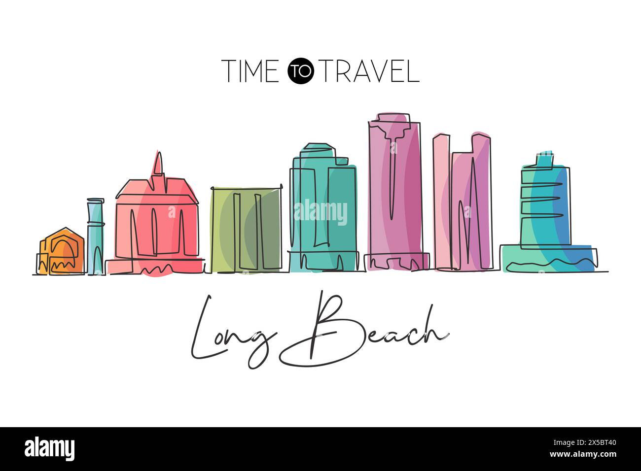 Un dessin au trait continu de la ville de long Beach, Californie. Vacances de voyage de tourisme de beau paysage du monde pour impression de décor mural. Élégant si Illustration de Vecteur