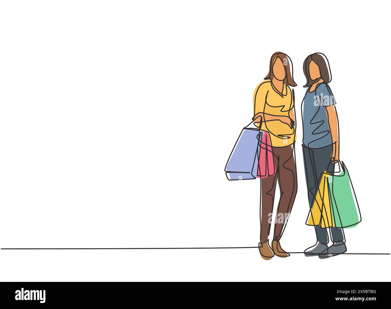 Une ligne continue de dessin de deux belles femmes tenant des sacs de papier après avoir fait du shopping vêtements, robe, maquillage, cosmétique au centre commercial. Concept commercial. O Illustration de Vecteur