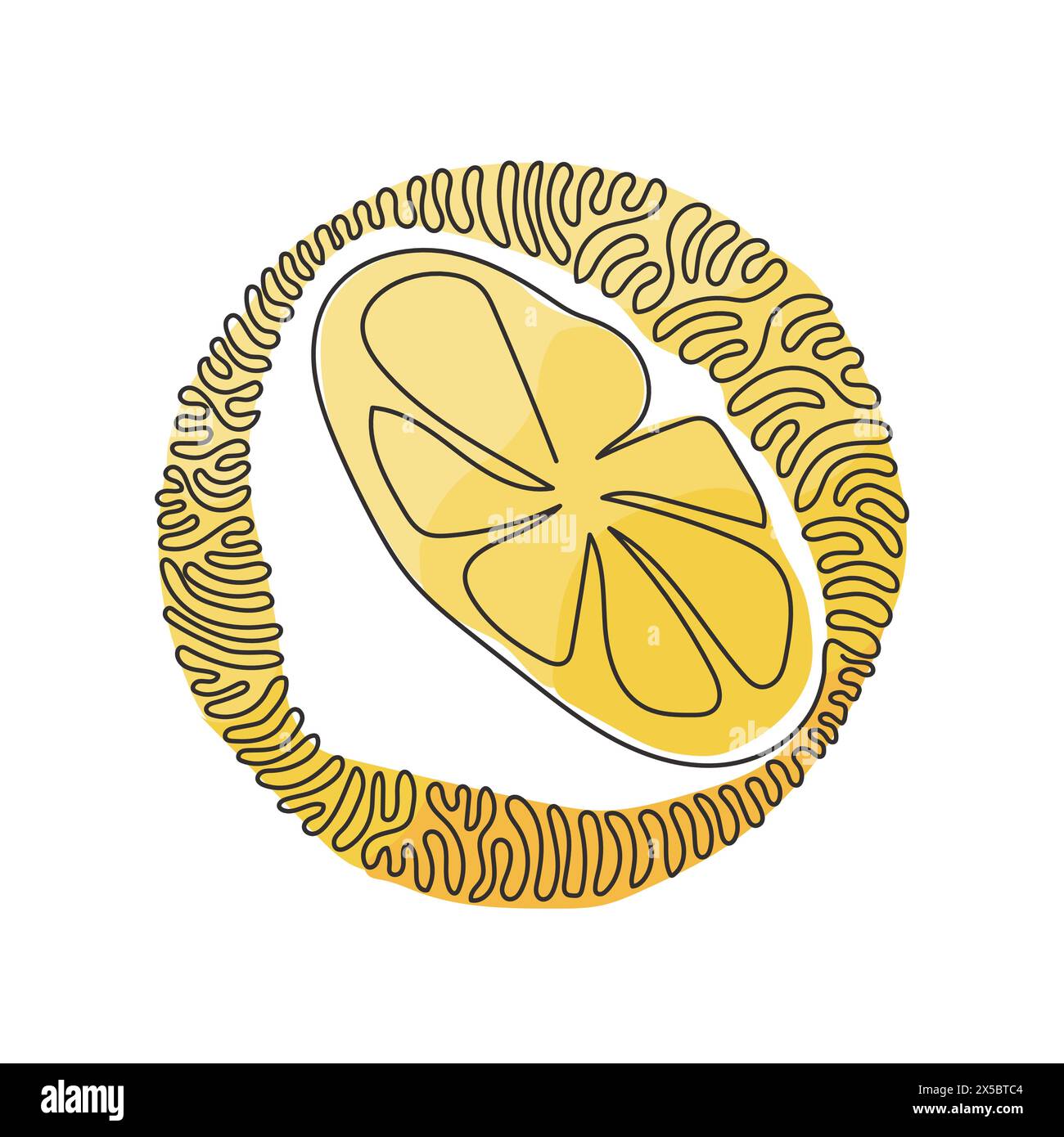 Une ligne continue dessinant un citron organique sain tranché pour le logo du verger. Fruitage de zeste frais pour icône de jardin de fruits. Fond de cercle de courbure de tourbillon Illustration de Vecteur