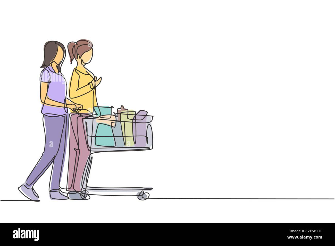 Une ligne continue de dessin deux jeunes femmes heureux beauté shopping et poussant chariot ensemble au supermarché pour acheter des produits biologiques quotidiens. Shopping Illustration de Vecteur