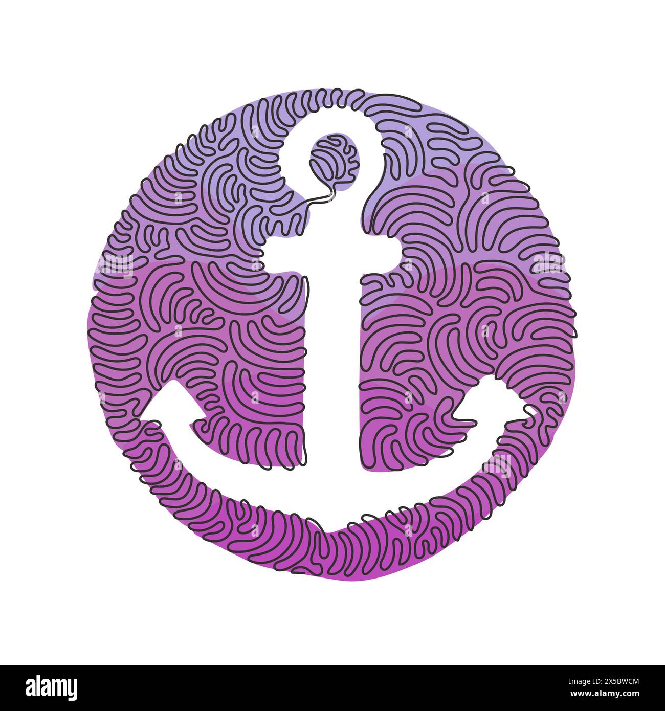 Icône d'ancrage de dessin de ligne continue unique. Silhouette d'ancre de bateau ou de bateau, symbole marin, signe de sécurité. Logo océan ou mer. Tourbillon curl cercle backgro Illustration de Vecteur