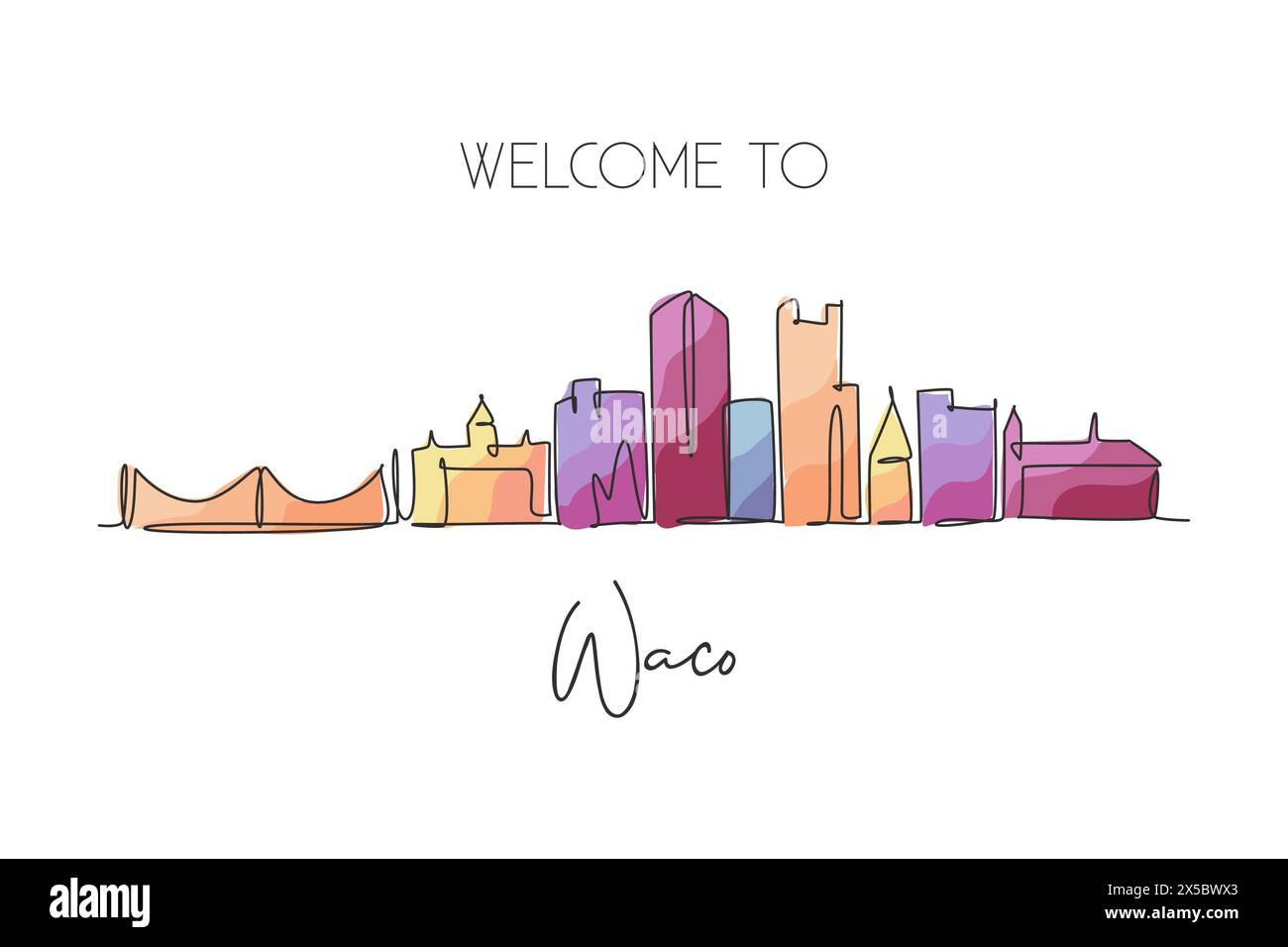 Une ligne dessinant les gratte-ciel de Waco City, Texas. Paysage de ville historique du monde. Meilleure destination de vacances carte postale. Continuou tendance de trait modifiable Illustration de Vecteur