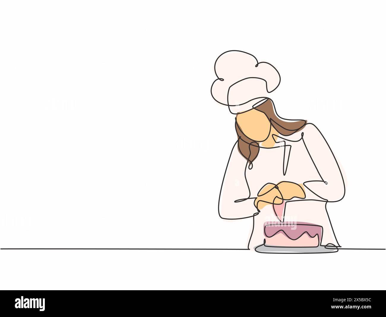 Ligne continue unique dessinant jeune femme chef décorant gâteau de pâtisserie d'anniversaire avec crème fouettée sur la cuisine du restaurant. Concept de nourriture de boulangerie un Li Illustration de Vecteur