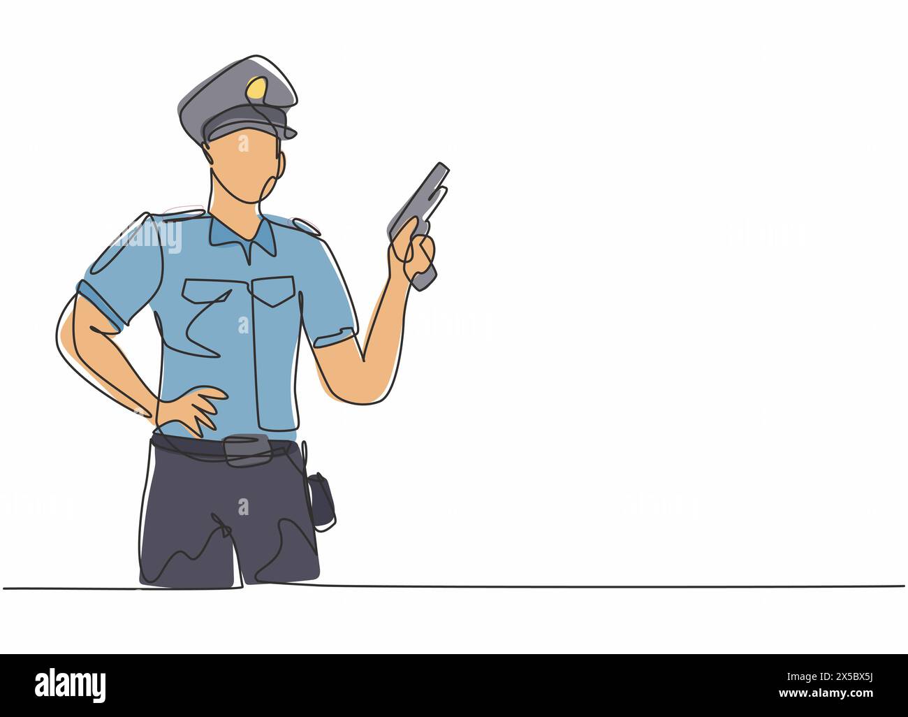 Dessin continu d'une ligne d'un jeune policier portant un uniforme et tenant un revolver à main. Concept minimaliste de profession professionnelle. L unique Illustration de Vecteur