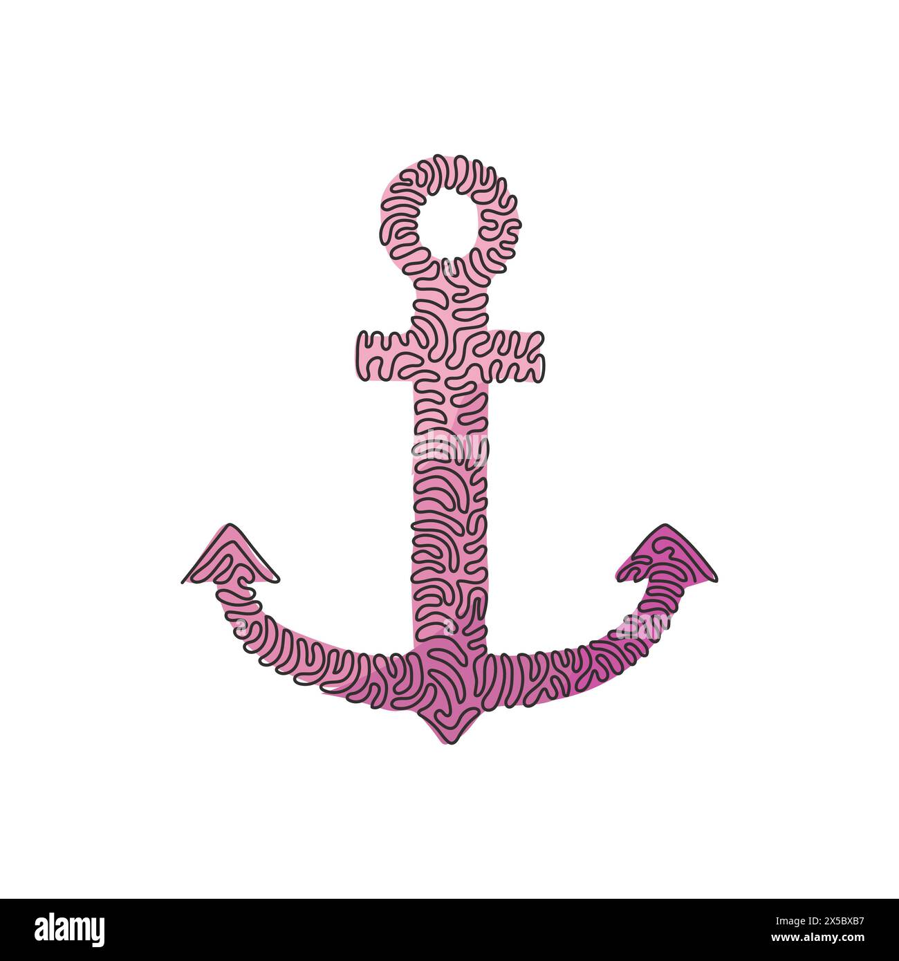 Icône d'ancrage de dessin d'une seule ligne isolée. Silhouette d'ancre de bateau ou de bateau, symbole marin, signe de sécurité. Symbole océan ou mer. Boucles torsadées. CON Illustration de Vecteur