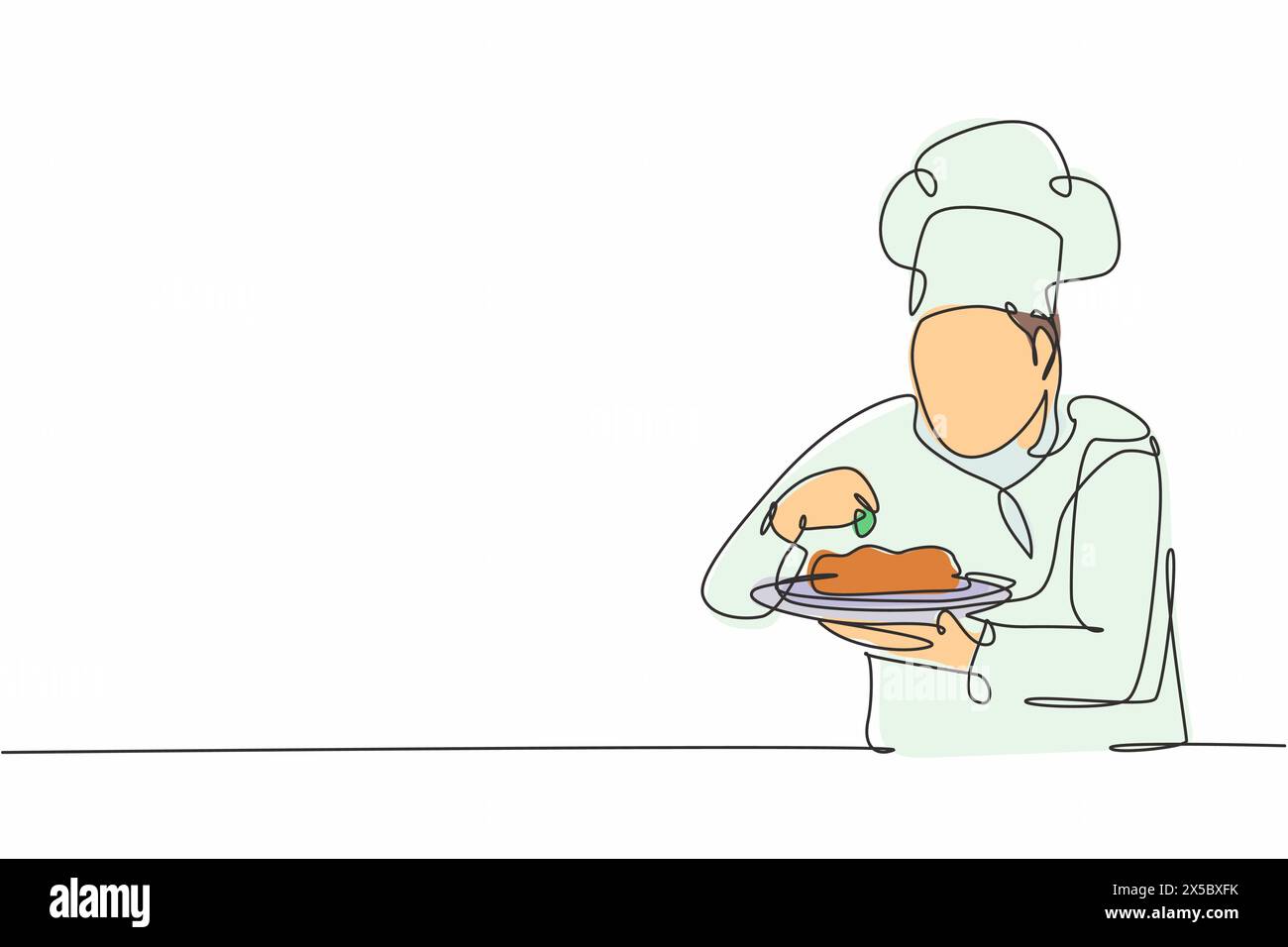 Dessin continu d'une ligne de jeune chef masculin confiant sel et poivre mousseux sur le plat principal avant de servir au client. Concept alimentaire Sing Illustration de Vecteur