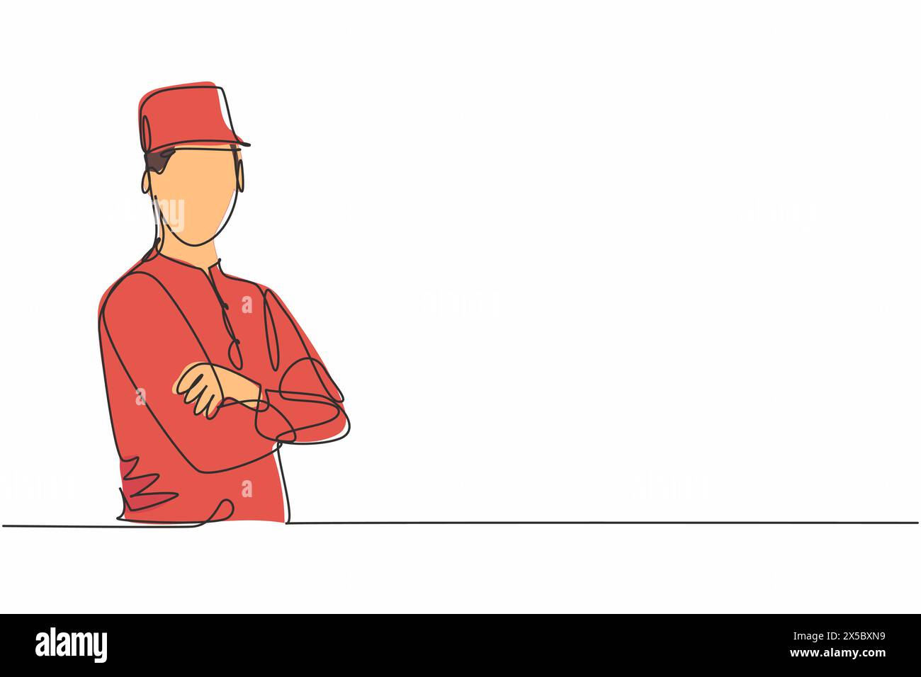 Simple dessin d'une ligne d'un jeune beau portier posant le bras croisé sur la poitrine. Profession professionnelle de travail et concept minimal d'occupation. Continu l Illustration de Vecteur
