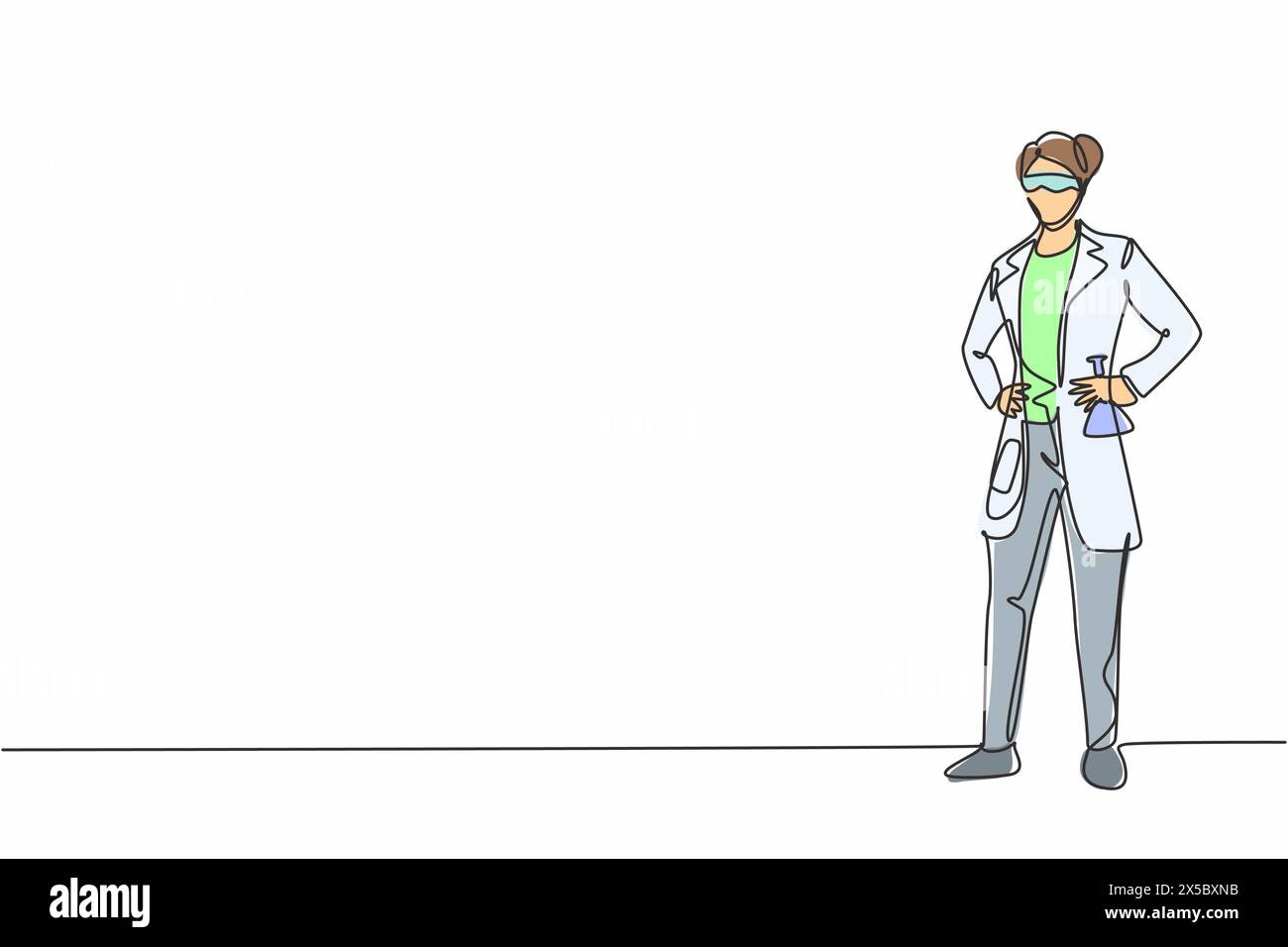 Dessin en ligne continue unique d'une jeune femme scientifique debout et tenant les mains sur la hanche. Profession professionnelle. Minimalisme concept un l Illustration de Vecteur